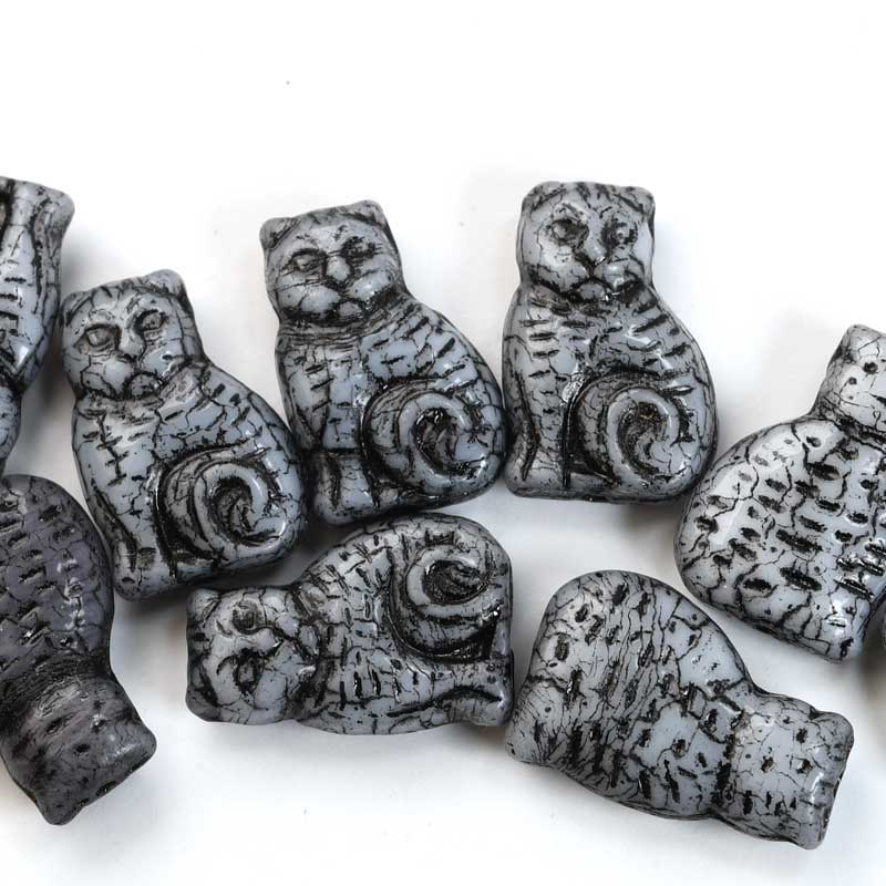 Glass Beads - Sitting Cat - Black Washed White (10)