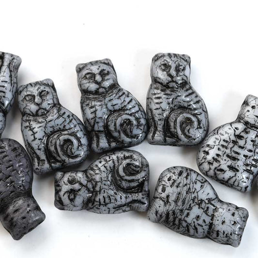 Glass Beads - Sitting Cat - Black Washed White (10)