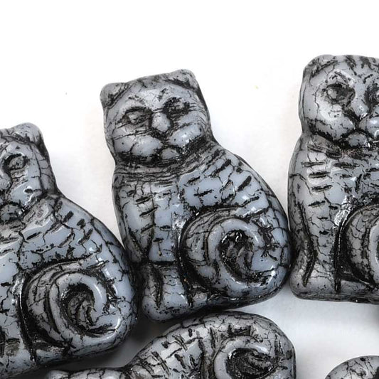Glass Beads - Sitting Cat - Black Washed White (10)