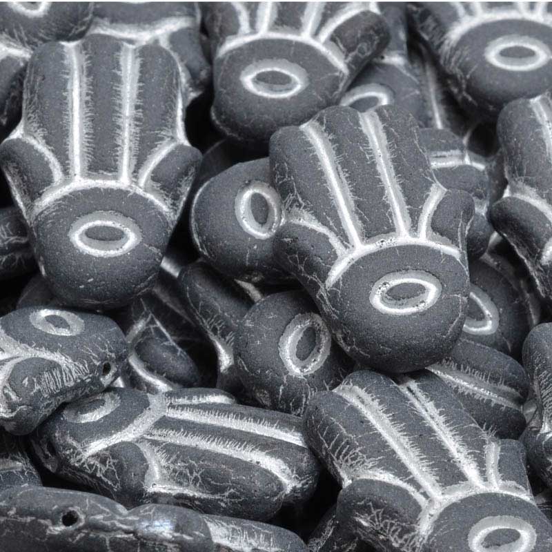 Glass Beads - Hamsa Hand - Silver Washed Jet Matte (10)