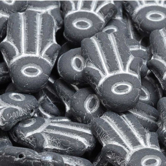 Glass Beads - Hamsa Hand - Silver Washed Jet Matte (10)