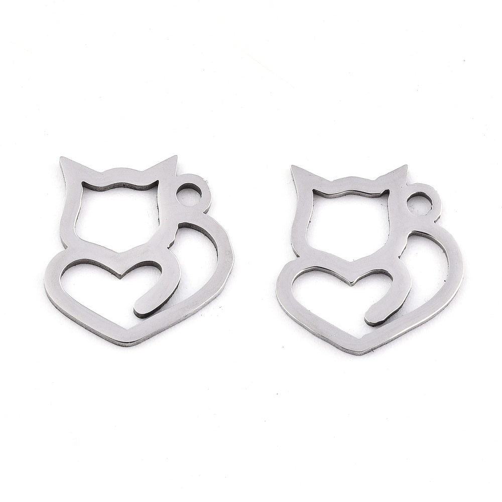 Heart Cat Charm   Stainless Steel Pair