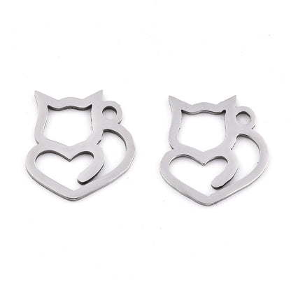 Heart Cat Charm   Stainless Steel Pair