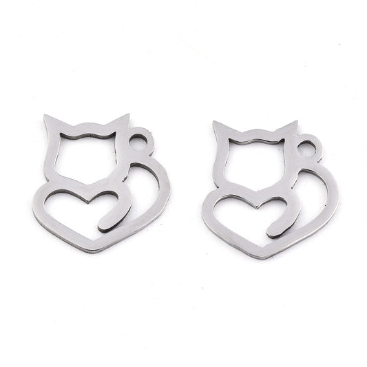 Heart Cat Charm   Stainless Steel Pair
