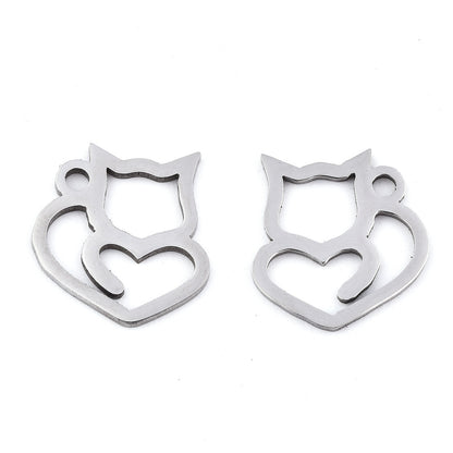 Heart Cat Charm   Stainless Steel Pair