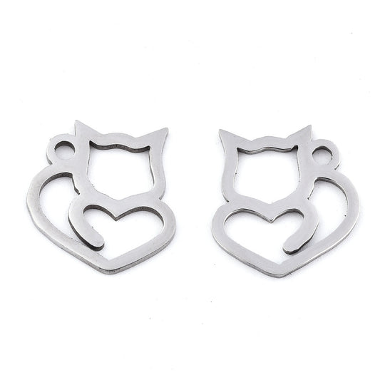 Heart Cat Charm   Stainless Steel Pair