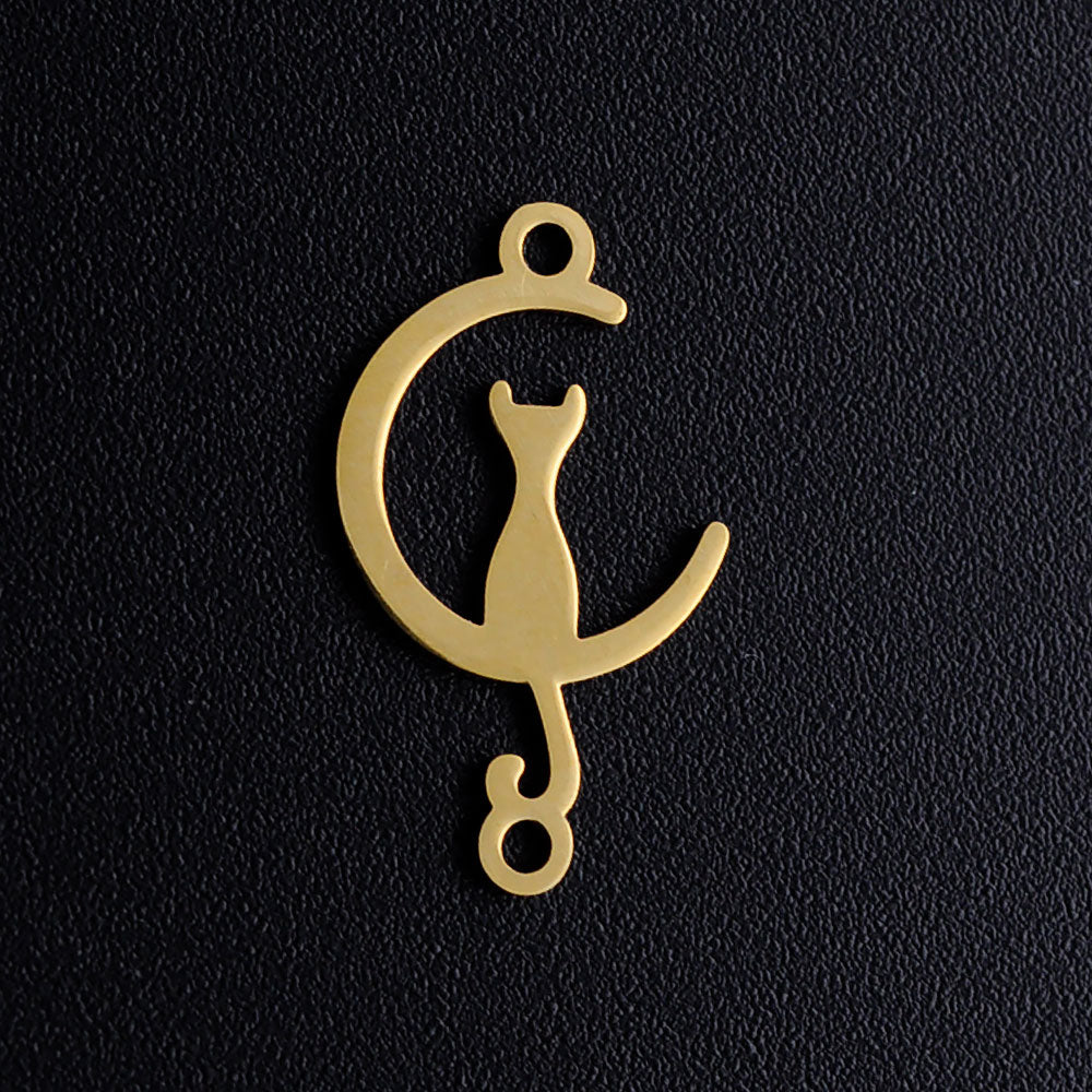 Charm/Pendant/Link Moon Cat - Gold Plated (over Stainless Steel)