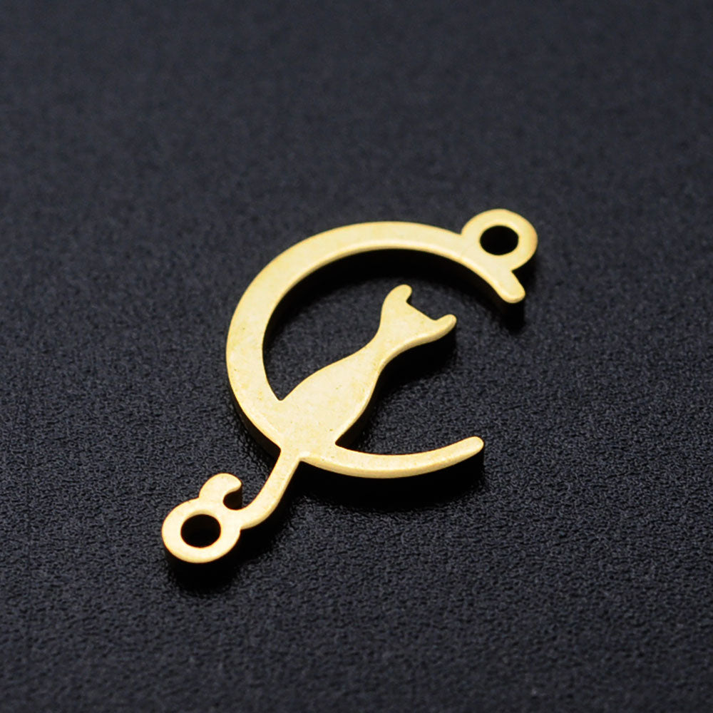 Charm/Pendant/Link Moon Cat - Gold Plated (over Stainless Steel)