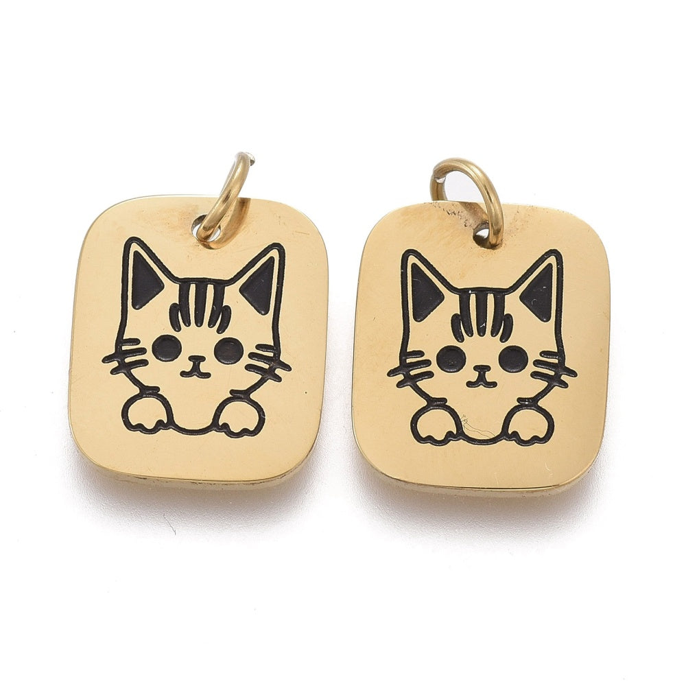 Sq Kitten Tag Charm   GoldPl Stainless Pair