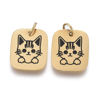 Sq Kitten Tag Charm   GoldPl Stainless Pair