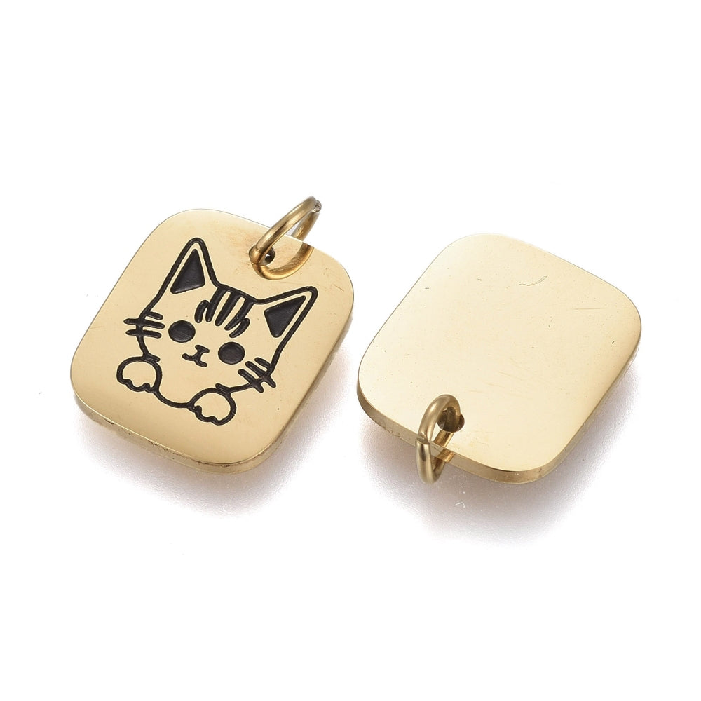 Sq Kitten Tag Charm   GoldPl Stainless Pair