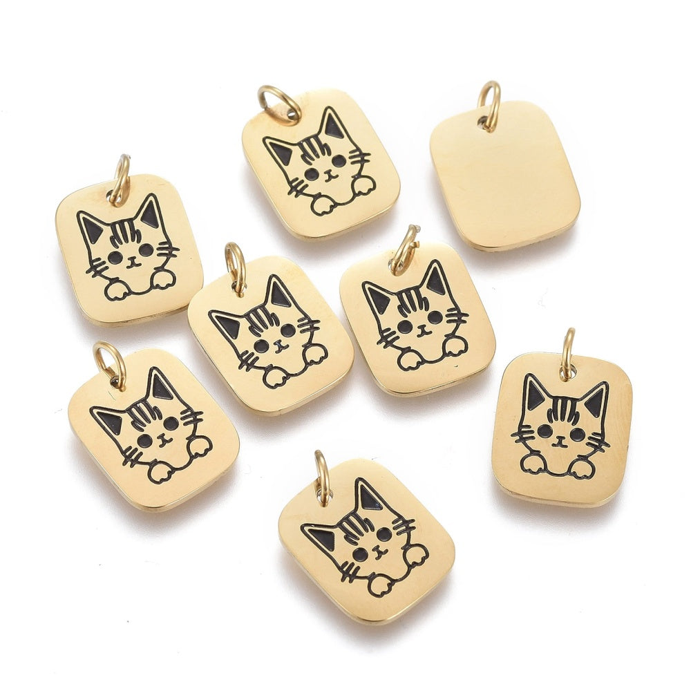 Sq Kitten Tag Charm   GoldPl Stainless Pair