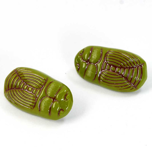 Vintage Glass Button - 26mm - Scarab - Olive Green