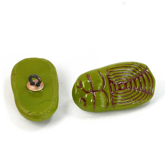 Vintage Glass Button - 26mm - Scarab - Olive Green