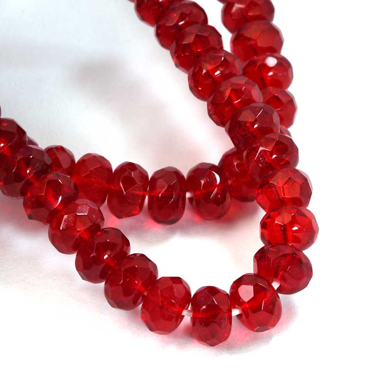 Vintage Czech Glass - 7x5mm - Faceted Fire Polish Donut Rondelle - Siam Ruby (st