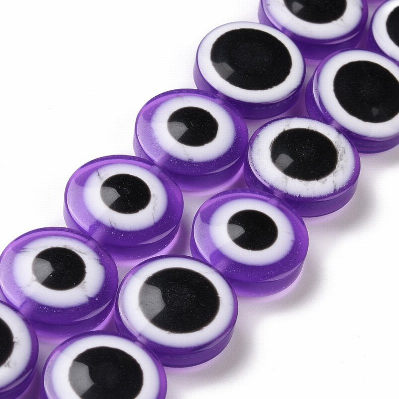 Resin Beads - 20mm - Protective Eye Round Puffy Lentil - Purple (strand)