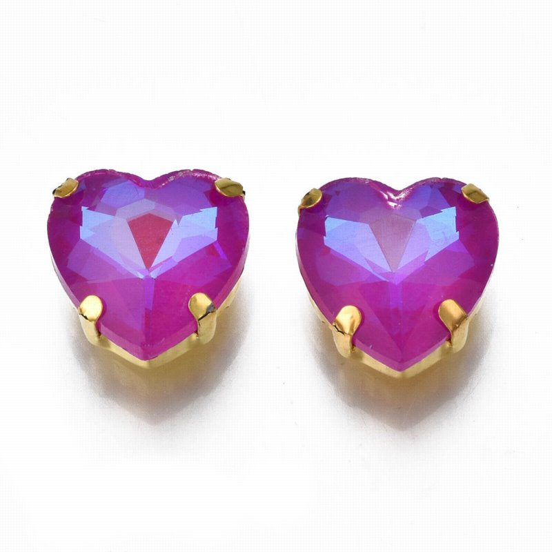 Sew-on Rhinestones - 12mm - Heart - Violet Red Aurora - Gold Plated (5)