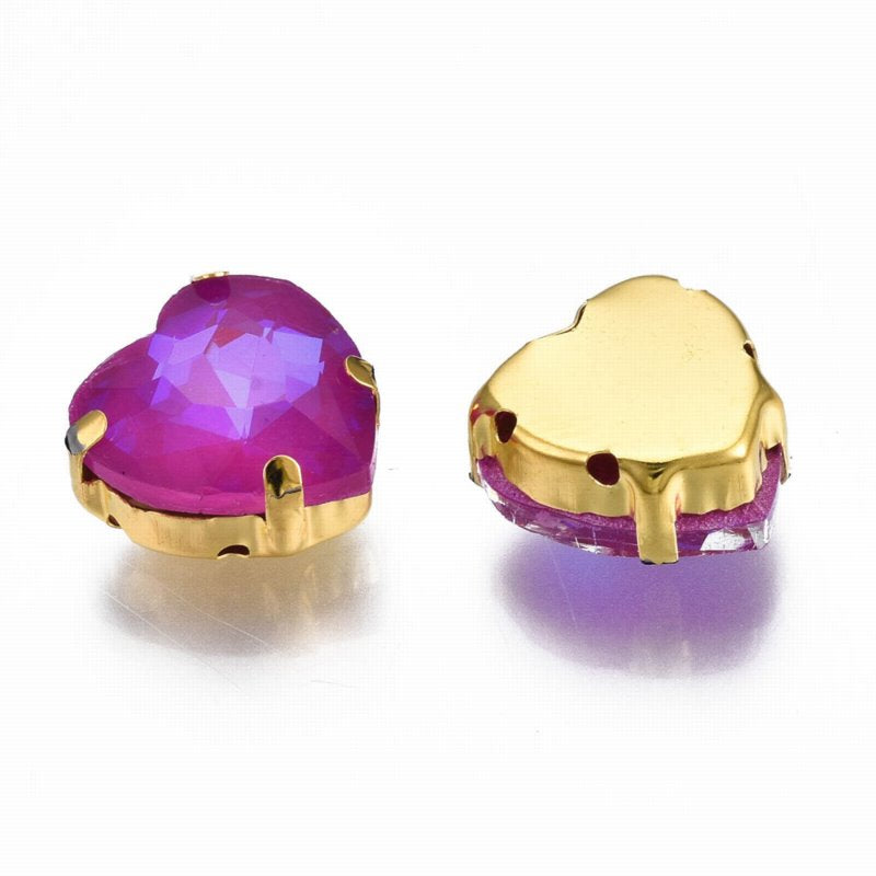 Sew-on Rhinestones - 12mm - Heart - Violet Red Aurora - Gold Plated (5)