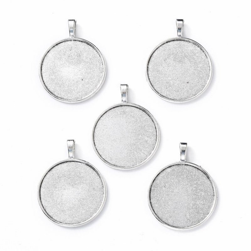 Bezel Tray - ID 30mm - Flat Round with Bail - Antiqued Silver (5)