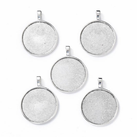 Bezel Tray - ID 30mm - Flat Round with Bail - Antiqued Silver (5)