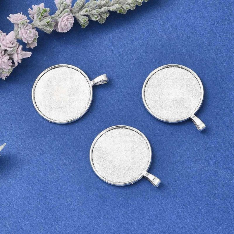 Bezel Tray - ID 30mm - Flat Round with Bail - Antiqued Silver (5)