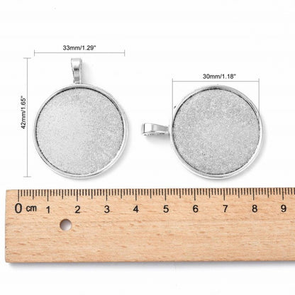 Bezel Tray - ID 30mm - Flat Round with Bail - Antiqued Silver (5)