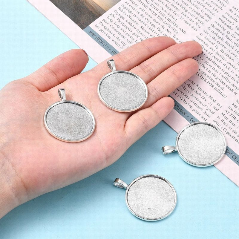 Bezel Tray - ID 30mm - Flat Round with Bail - Antiqued Silver (5)