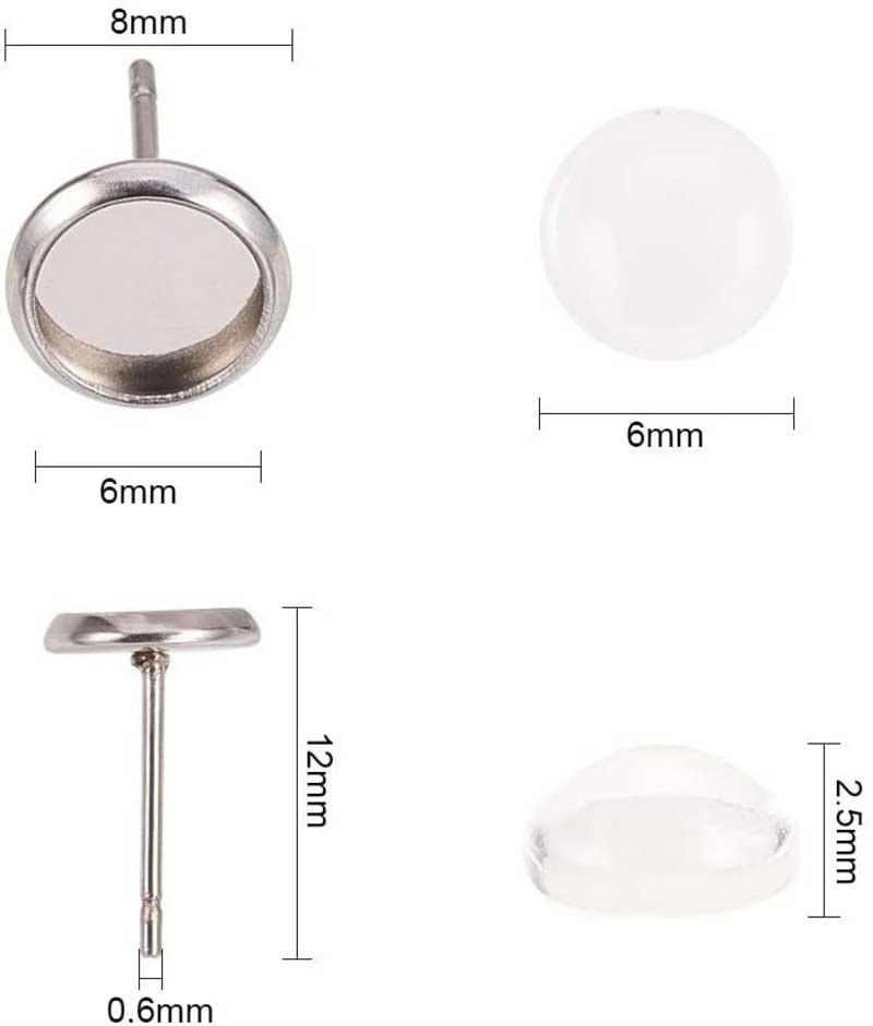 Earring - ID 6mm - Stud Round Tray Bezel with Glass Cabochon - Stainless Steel (