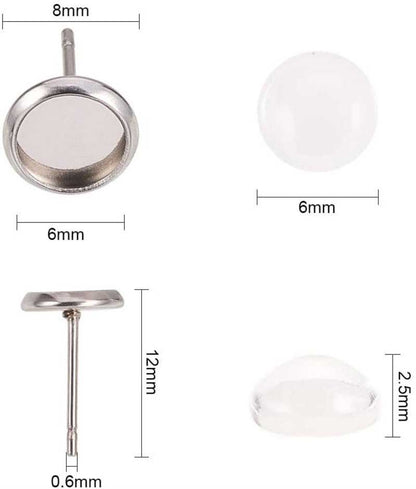 Earring - ID 6mm - Stud Round Tray Bezel with Glass Cabochon - Stainless Steel (