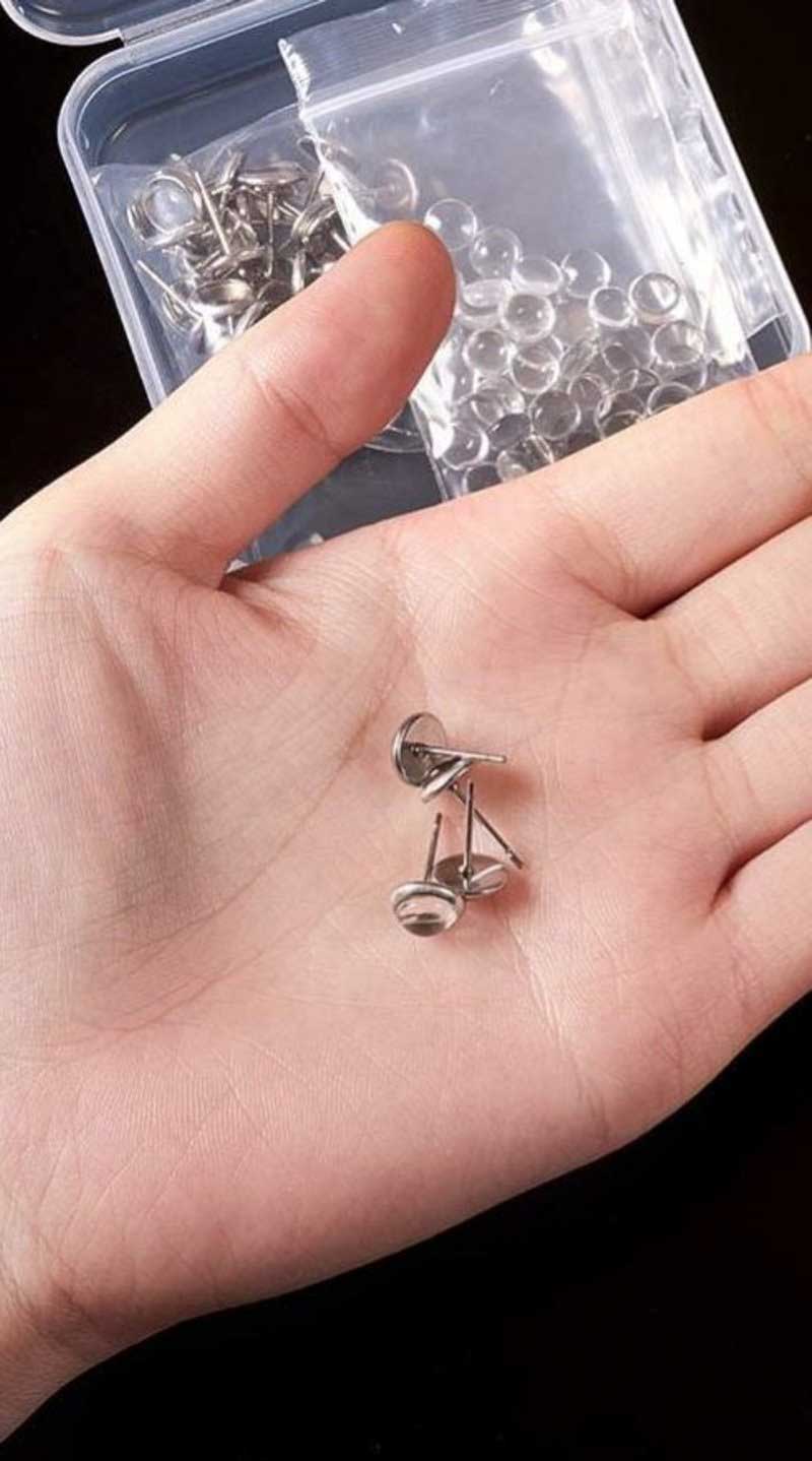 Earring - ID 6mm - Stud Round Tray Bezel with Glass Cabochon - Stainless Steel (