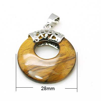 Stone Pendant - 28mm - Donut with Bail - TigerEye - Platinum Plated