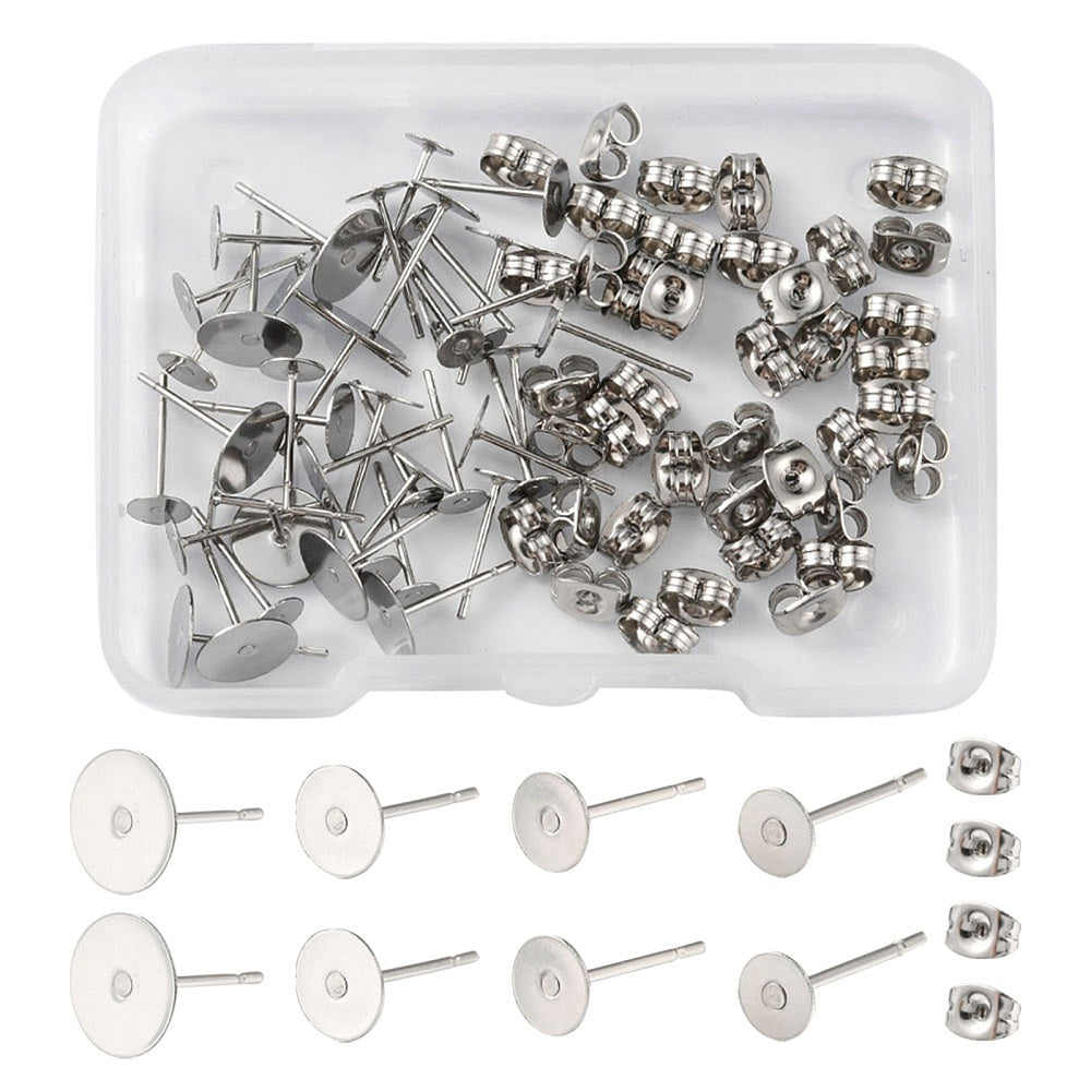 Earring - Flat Studs for Gluing with Clutch - Stainless Steel (20 pairs)