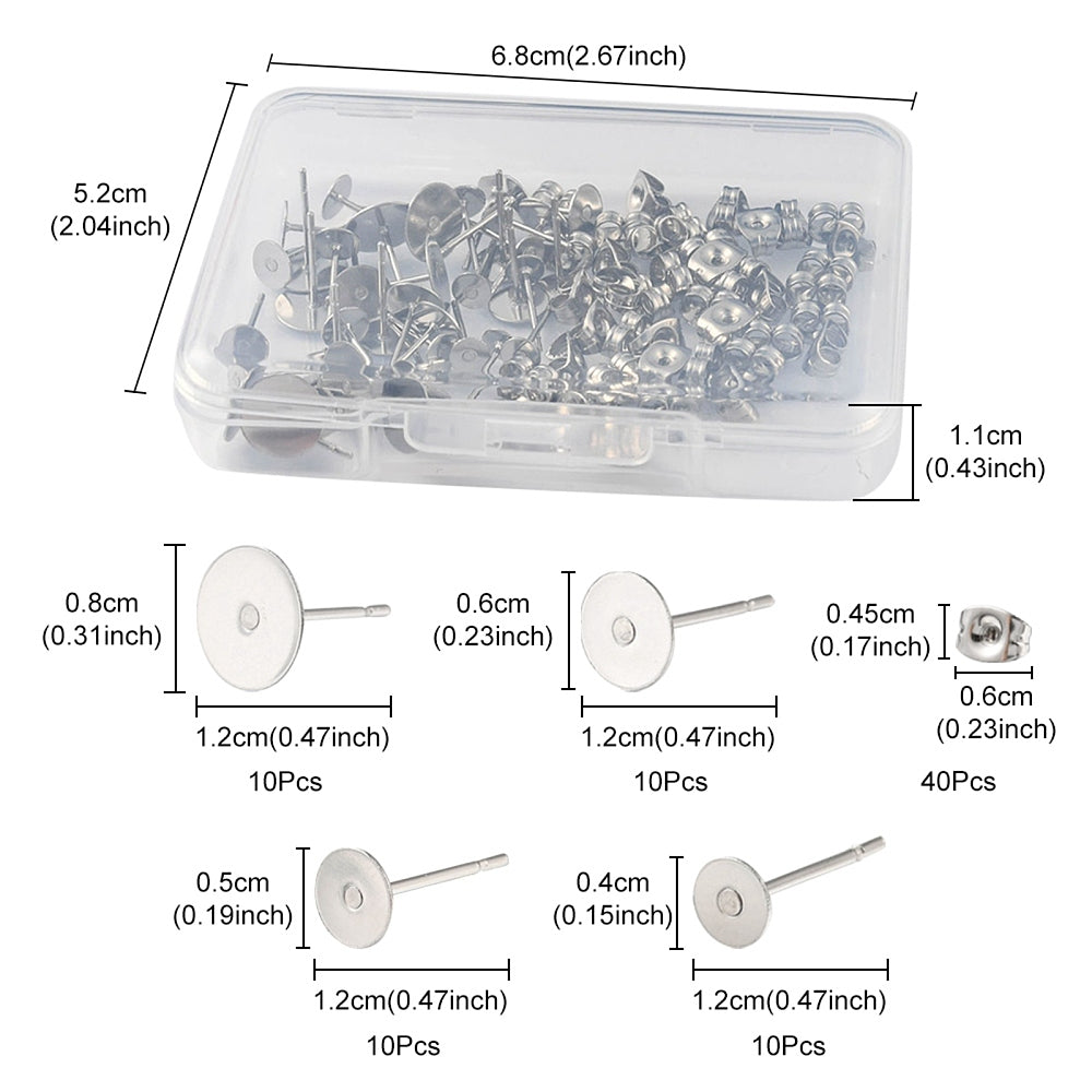 Earring - Flat Studs for Gluing with Clutch - Stainless Steel (20 pairs)