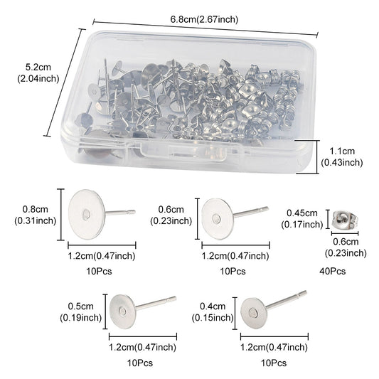 Earring - Flat Studs for Gluing with Clutch - Stainless Steel (20 pairs)