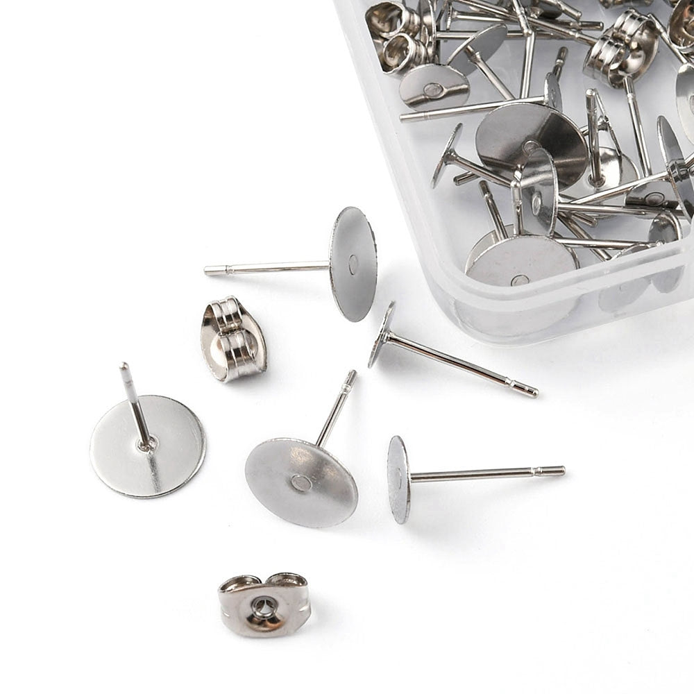 Earring - Flat Studs for Gluing with Clutch - Stainless Steel (20 pairs)