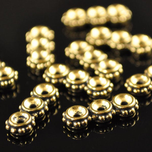 Separator/Connector - 3-Hole Beaded Rondelle Bar - Antique Gold