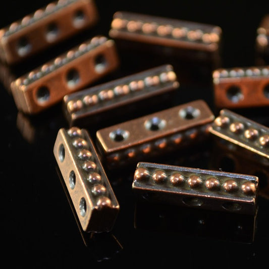 Separator/Connector - 3-Hole Beaded Bar - Antiqued Copper