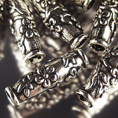 Metal Beads -  Wild Rose Barrel - Antique Silver