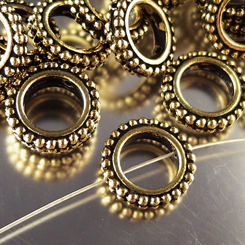 Metal Bead Frame - 14mm Double Dot Ring - Antiqued Gold