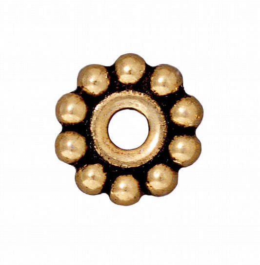 Metal Beads - Big Hole - 10mm Large Hole Beaded (Daisy) Spacer - Antique Gold