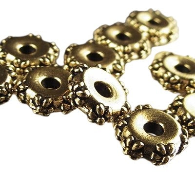 Metal Beads - Big Hole - 10mm - Large Hole Flower Rondelle - Antique Gold