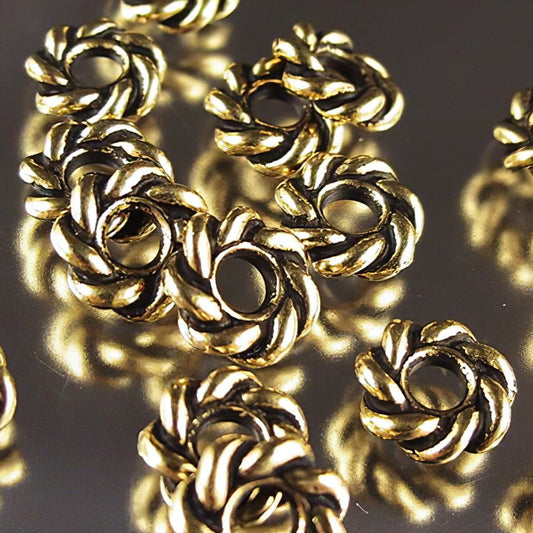 Metal Beads - Big Hole - 8mm Large Hole Twisted Rope Spacer - Antique Gold