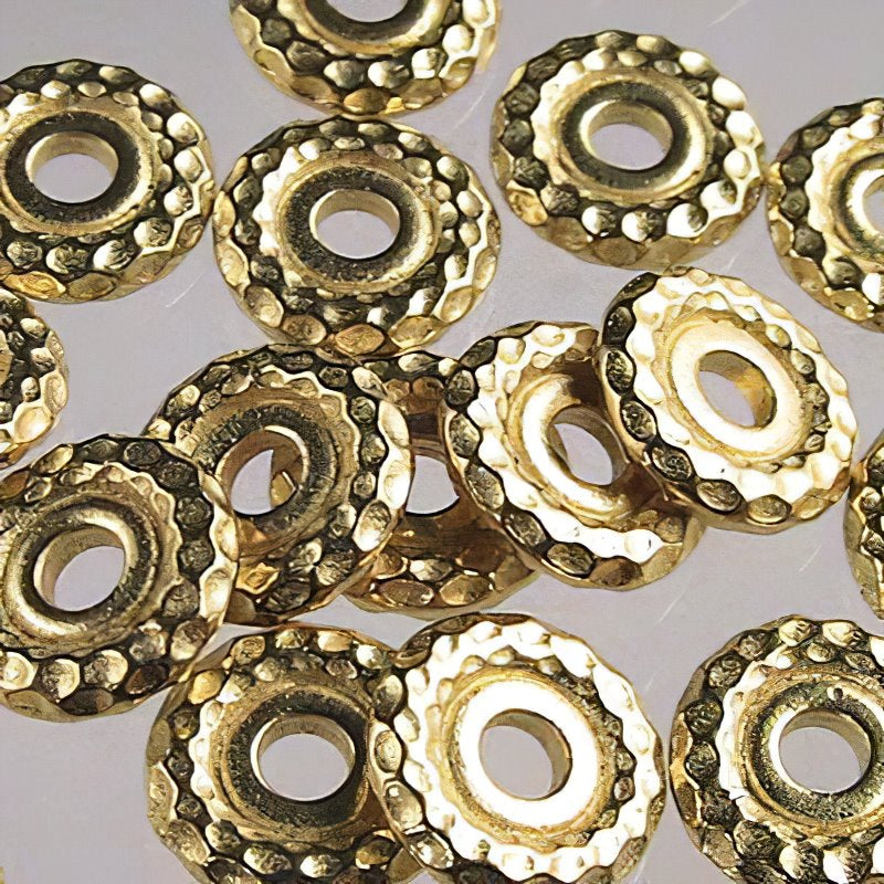 Metal Bead - Big Hole - 10mm Large Hole Wide Hammered Spacer - Bright Gold