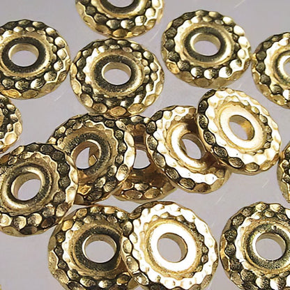 Metal Bead - Big Hole - 10mm Large Hole Wide Hammered Spacer - Bright Gold